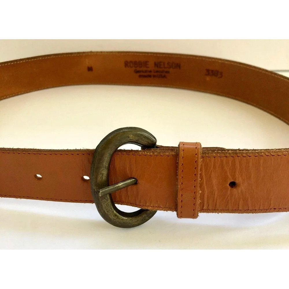 Vintage Robbie Nelson Tan‎ Leather Belt Bronze Buckle Designer Size Medium